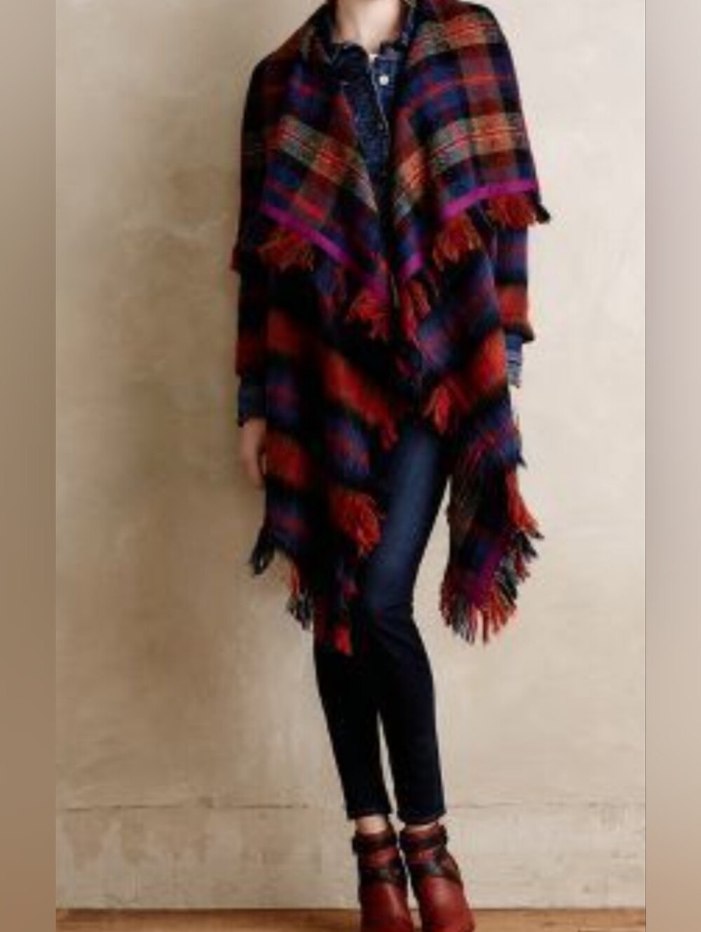 NWT Anthropologie Hei Hei XS/S Plaid Fringe Wrap Shawl Sweater Fringe Coat